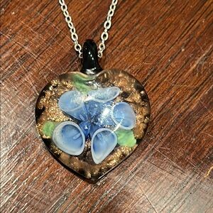 Elegant Blue Floral Glass Pendant Necklace